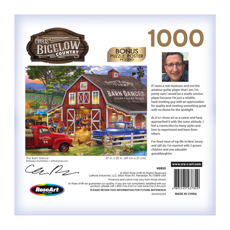 A 1,000-piece jigsaw puzzle titled "RoseArt - Chris Bigelow - The Barn Dance - 1000 Piece Jigsaw Puzzle" with a country scene illustration and an inset photograph of a man on the box cover. The image includes the RoseArt logo and product details.
