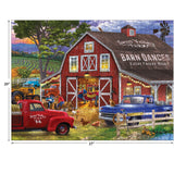 A vibrant farm scene showing a red barn decorated with lights advertising barn dances, vintage trucks, farm animals, and people socializing by the barn door can be found in the RoseArt - Chris Bigelow - The Barn Dance - 1000 Piece Jigsaw Puzzle.