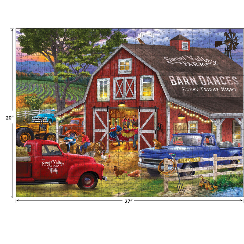 A vibrant farm scene showing a red barn decorated with lights advertising barn dances, vintage trucks, farm animals, and people socializing by the barn door can be found in the RoseArt - Chris Bigelow - The Barn Dance - 1000 Piece Jigsaw Puzzle.