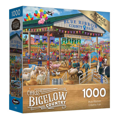 A 1000-piece jigsaw puzzle box depicting a vibrant county fair scene, with a livestock judging event under a pavilion, surrounded by various animals and fair visitors. Bonus puzzle poster included.

Replaced with Product Name: RoseArt - Chris Bigelow - Blue Ribbon Country Fair - 1000 Piece Jigsaw Puzzle