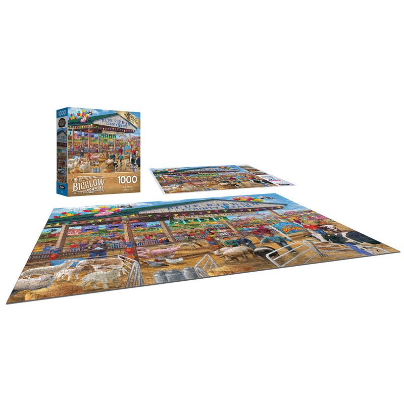 A completed RoseArt - Chris Bigelow - Blue Ribbon Country Fair - 1000 Piece Jigsaw Puzzle depicting a busy market scene with a box displaying the same image.