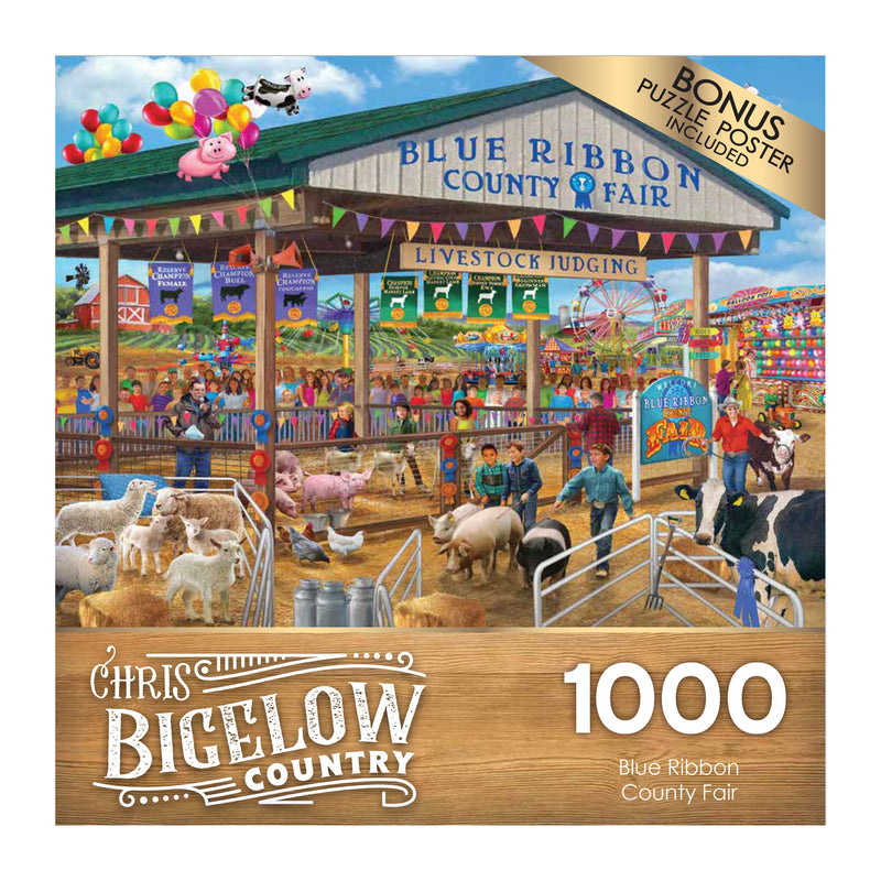 Product Description: RoseArt - Chris Bigelow - Blue Ribbon Country Fair - 1000 Piece Jigsaw Puzzle featuring a lively county fair scene with animals, rides, and spectators. The text on the box says "Blue Ribbon County Fair" and "1000 pieces". Includes a bonus puzzle poster.