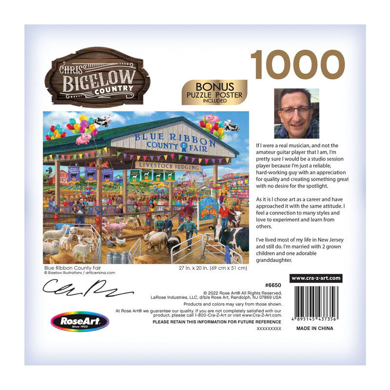 The 1000-piece puzzle box features a fair scene titled "Blue Ribbon County Fair" with a large image of the artist and a brief personal note. The box includes a bonus puzzle poster and brand information.

Replacement Sentence: The RoseArt - Chris Bigelow - Blue Ribbon Country Fair - 1000 Piece Jigsaw Puzzle features a fair scene titled "Blue Ribbon County Fair" with a large image of the artist and a brief personal note. The box includes a bonus puzzle poster and brand information.