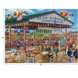 A colorful puzzle featuring a bustling county fair with livestock, farmers, and fair-goers under a banner reading "Blue Ribbon County Fair" in front of a livestock judging area. The dimensions are 20"x27". The product is RoseArt - Chris Bigelow - Blue Ribbon Country Fair - 1000 Piece Jigsaw Puzzle.