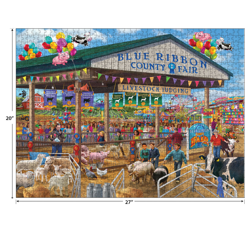 A colorful puzzle featuring a bustling county fair with livestock, farmers, and fair-goers under a banner reading "Blue Ribbon County Fair" in front of a livestock judging area. The dimensions are 20"x27". The product is RoseArt - Chris Bigelow - Blue Ribbon Country Fair - 1000 Piece Jigsaw Puzzle.
