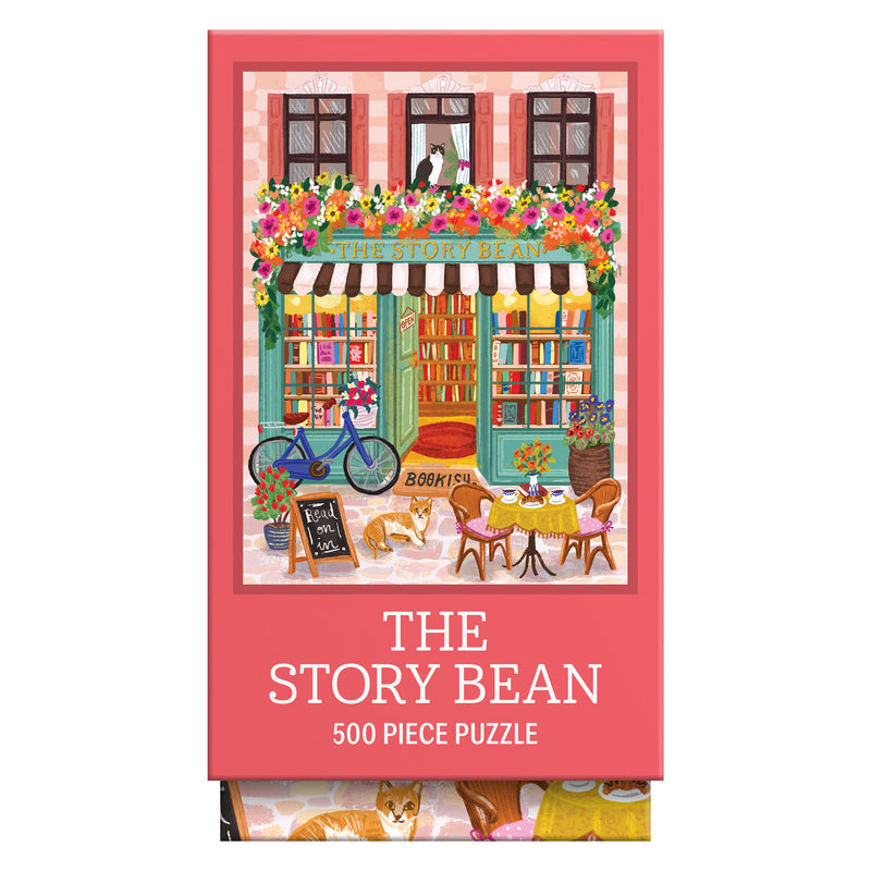 ROSEART - VERTICAL VISIONS - The Story Bean 500 PIECE JIGSAW PUZZLE features a charming bookstore café with flowers, books, a bicycle, cats, outdoor tables, and a sign reading "The Story Bean.