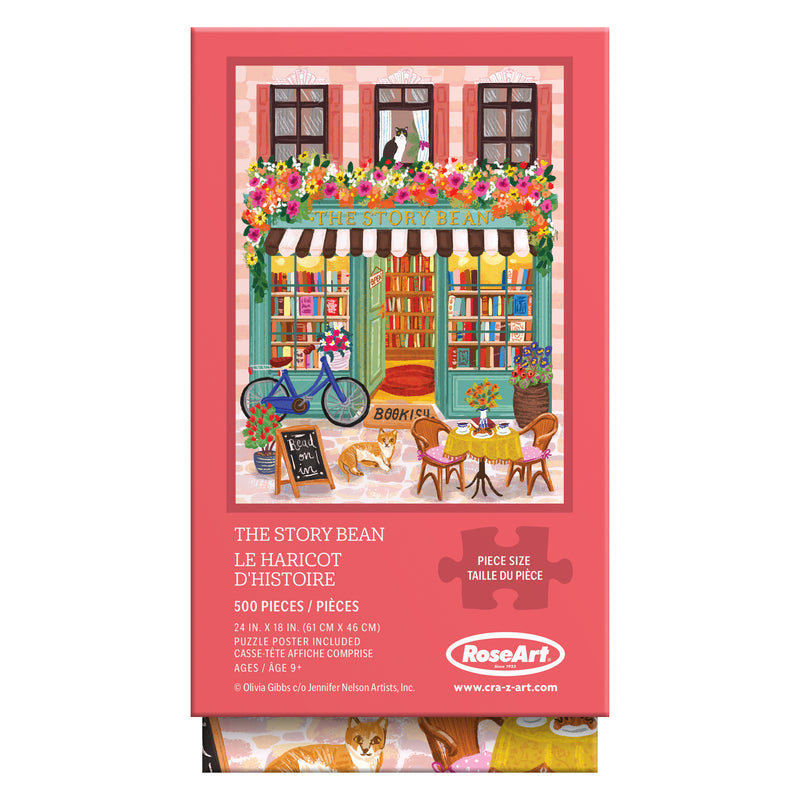 The ROSEART - VERTICAL VISIONS - The Story Bean is a 500 piece jigsaw puzzle showing a lively bookstore café scene with a bicycle, flowers, cats, and outdoor tables—perfect for relaxing afternoons.