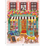 Enjoy assembling the ROSEART VERTICAL VISIONS The Story Bean 500 piece jigsaw puzzle, featuring a colorful bookstore café scene with a striped awning, cat in the window, bookshelves, flowers, blue bicycle, and cozy outdoor seating.