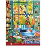 Enjoy piecing together the ROSEART Vertical Visions Cozy Reading Room 500 piece jigsaw puzzle, featuring bookshelves, plants, a guitar, autumn trees outside the window, and a black cat on a blue-checkered sofa.