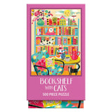 Enjoy assembling the ROSEART - VERTICAL VISIONS "Bookshelf with Cats" 500 piece jigsaw puzzle, featuring a vibrant bookshelf scene with books, plants, playful cats, and a patterned chair.