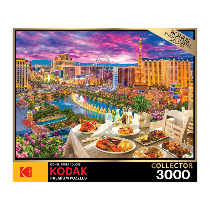 RoseArt - Kodak Premium - La Vida Las Vegas - 3000 Piece Jigsaw Puzzle box depicting a vibrant Las Vegas skyline at dusk with an outdoor dining scene in the foreground. Includes a bonus puzzle poster.