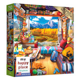 A 750-piece puzzle titled "RoseArt - My Happy Place - Van Life, The Grand Tetons - 750 Piece Jigsaw Puzzle" shows a cozy, colorful RV interior with various items and a scenic mountain view through the window. A bonus puzzle poster is included.