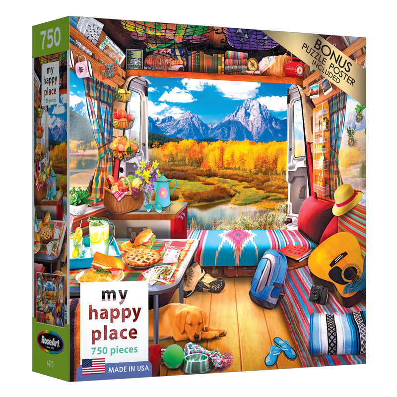 A 750-piece puzzle titled "RoseArt - My Happy Place - Van Life, The Grand Tetons - 750 Piece Jigsaw Puzzle" shows a cozy, colorful RV interior with various items and a scenic mountain view through the window. A bonus puzzle poster is included.
