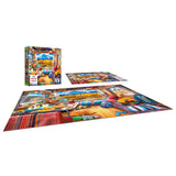 RoseArt - My Happy Place - Van Life, The Grand Tetons - 750 Piece Jigsaw Puzzle box and completed puzzle displaying a vibrant, colorful room with various household items, rugs, and blue details. Puzzle pieces and packaging are shown from different angles.