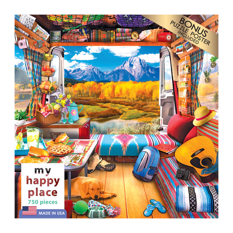 A colorful camper van interior featuring books, food, a guitar, a sleeping dog, and camping gear. The background showcases an autumn mountain landscape. RoseArt - My Happy Place - Van Life, The Grand Tetons - 750 Piece Jigsaw Puzzle.