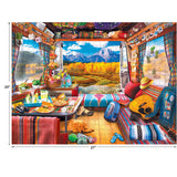 Illustration of a cozy van interior with a vibrant mix of colorful blankets, pillows, and decorations, featuring a scenic mountain view visible through the rear doors. Measurement dimensions are 20"x 27". Product Name: RoseArt - My Happy Place - Van Life, The Grand Tetons - 750 Piece Jigsaw Puzzle