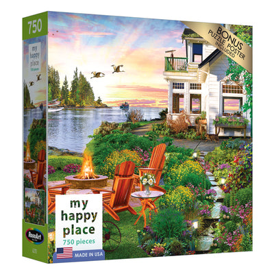 A RoseArt - My Happy Place - Harbor House - 750 Piece Jigsaw Puzzle box displaying an image of a scenic lakeside house with a garden, two red chairs by a fire pit, and flying geese at sunset. The box mentions a bonus puzzle poster included.