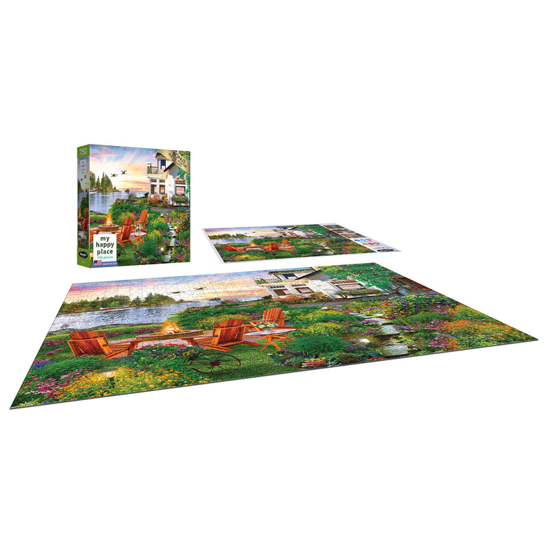 A completed RoseArt - My Happy Place - Harbor House - 750 Piece Jigsaw Puzzle depicting a scenic garden with chairs, flowers, and a house in the background. The puzzle box and a partially assembled version are also shown.