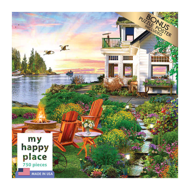 Box cover of a 750-piece puzzle titled "RoseArt - My Happy Place - Harbor House - 750 Piece Jigsaw Puzzle," depicting a colorful garden scene with a lake, Adirondack chairs, and a house at sunset. Bonus puzzle poster included. Made in USA.