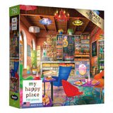 A 750-piece puzzle titled "RoseArt - My Happy Place - Boho Coffeeshop," depicting a vibrant coffee shop interior with colorful furniture, a cat, and various decor items. Includes a bonus puzzle poster. Made in the USA.