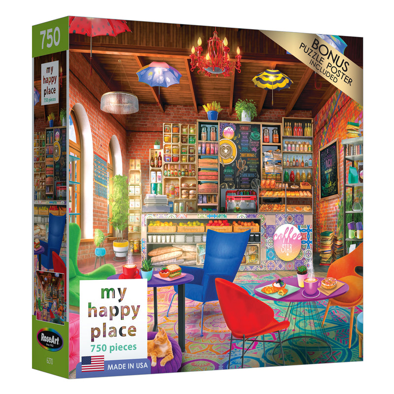 A 750-piece puzzle titled "RoseArt - My Happy Place - Boho Coffeeshop," depicting a vibrant coffee shop interior with colorful furniture, a cat, and various decor items. Includes a bonus puzzle poster. Made in the USA.