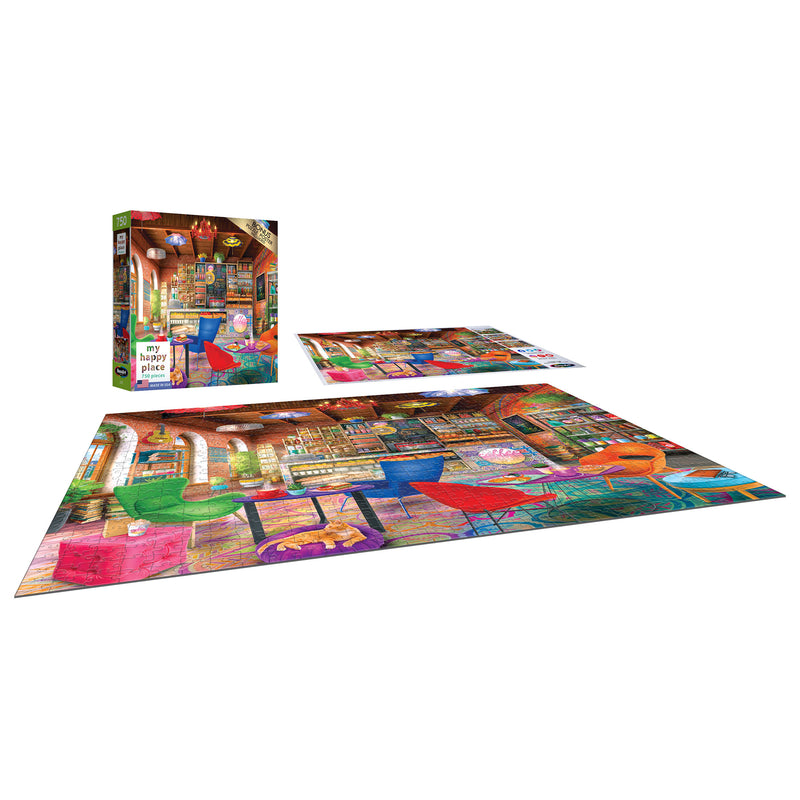 Colorful puzzle depicting a vibrant, cozy room setting with bookshelves, seating, and various decor items. The completed RoseArt - My Happy Place - Boho Coffeeshop - 750 Piece Jigsaw Puzzle is displayed alongside its box and partially completed version.