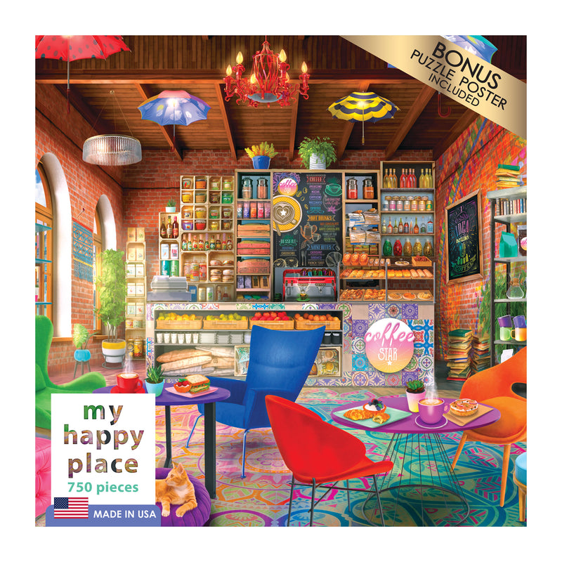 Colorful cafe interior with eclectic decor, featuring shelves stocked with items, a menu board, various seating, and a counter with pastries. Text reads "RoseArt - My Happy Place - Boho Coffeeshop - 750 Piece Jigsaw Puzzle," "750 pieces," and "bonus puzzle poster included.
