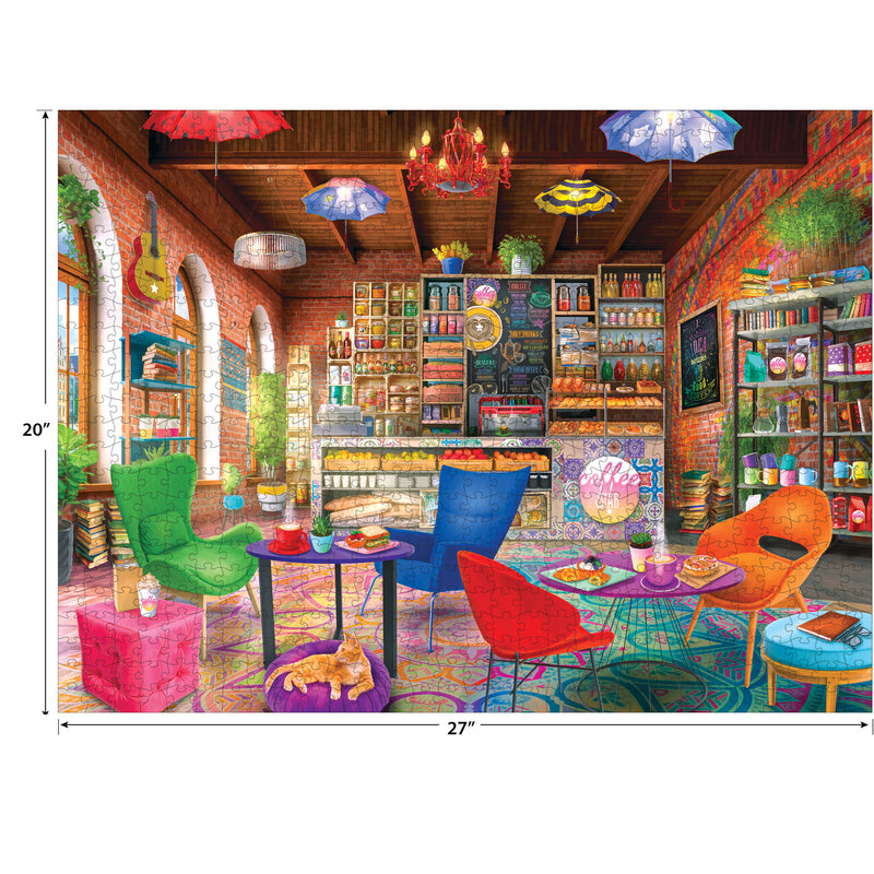 A vibrant café with colorful chairs, tables with food, brick walls, arched windows, and shelves stocked with items. Hanging lights and umbrellas add to the lively atmosphere. Dimensions: 20" x 27". Product Name: RoseArt - My Happy Place - Boho Coffeeshop - 750 Piece Jigsaw Puzzle