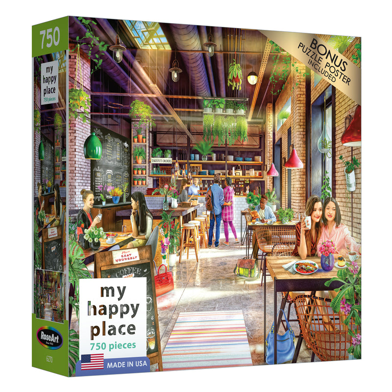 A boxed 750-piece jigsaw puzzle featuring a vibrant café scene with people eating, talking, and working. The puzzle includes a bonus poster and is titled "RoseArt - My Happy Place - The Neighborhood Cafe - 750 Piece Jigsaw Puzzle.