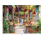 A lively cafe filled with greenery, diners seated at tables, and a chalkboard menu. The size dimensions are 20 inches by 27 inches.  
- RoseArt - My Happy Place - The Neighborhood Cafe - 750 Piece Jigsaw Puzzle