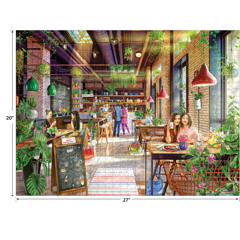 A lively cafe filled with greenery, diners seated at tables, and a chalkboard menu. The size dimensions are 20 inches by 27 inches.  
- RoseArt - My Happy Place - The Neighborhood Cafe - 750 Piece Jigsaw Puzzle