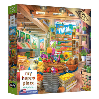 A 750-piece puzzle box features a vibrant indoor farmers market scene with assorted fruits, vegetables, pumpkins, and flowers displayed. The box cover reads "RoseArt - My Happy Place - Organic Fresh Market - 750 Piece Jigsaw Puzzle.