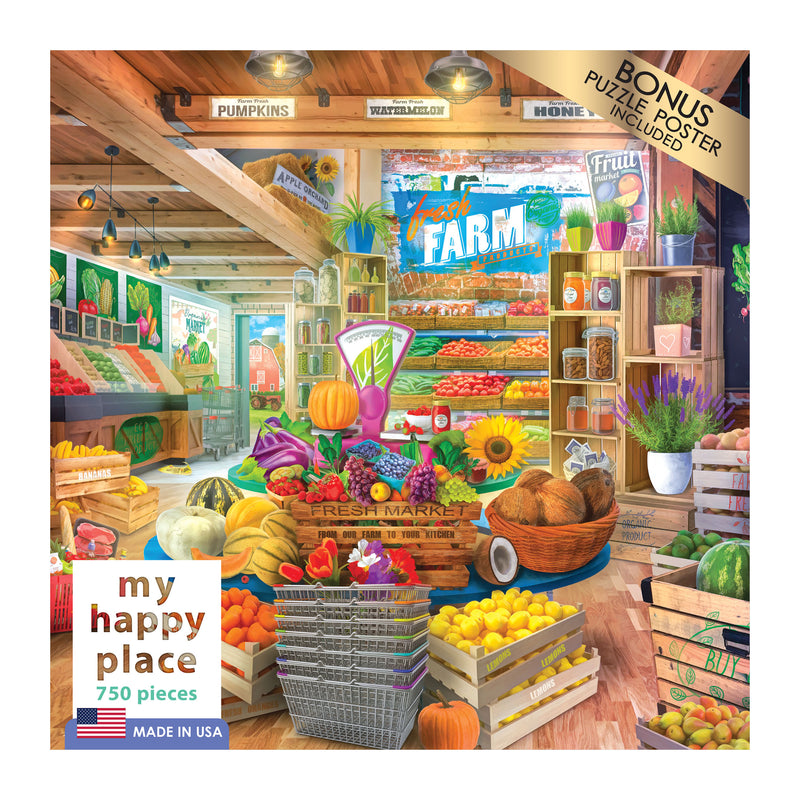 A vibrant illustration of a farm market featuring various fruits and vegetables. Shelves are stocked with produce, and a "Farm Fresh Market" sign is visible. The puzzle has 750 pieces, titled RoseArt - My Happy Place - Organic Fresh Market - 750 Piece Jigsaw Puzzle.