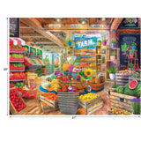 A colorful market scene with various fresh fruits, vegetables, and flowers on display. Fruits and vegetables are arranged in baskets and crates. Signs and labels are visible throughout the market in the RoseArt - My Happy Place - Organic Fresh Market - 750 Piece Jigsaw Puzzle.
