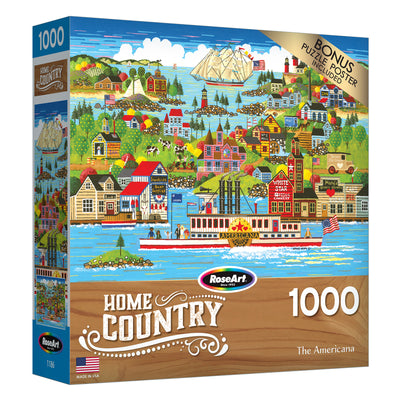 RoseArt - Home Country - The Americana - 1000 Piece Jigsaw Puzzle, featuring a vibrant illustration of a lakeside town with various buildings and a steamboat. Includes a bonus puzzle poster. Made in USA.