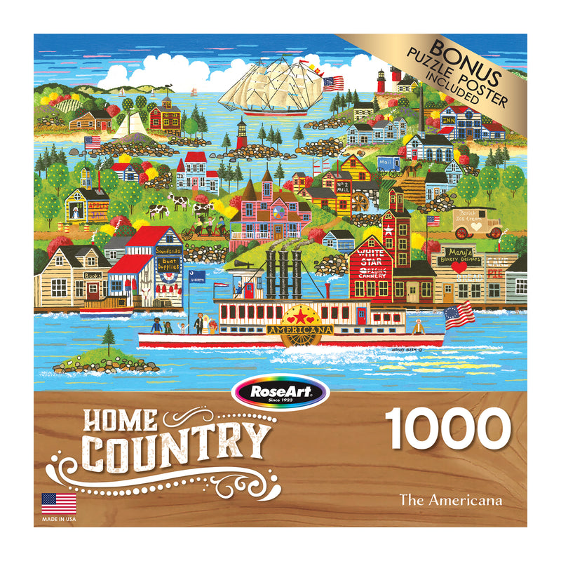 A RoseArt - Home Country - The Americana - 1000 Piece Jigsaw Puzzle featuring a colorful Americana scene with buildings, a steamboat, and an open field. Includes bonus puzzle poster. Made in USA.