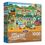 A 1000-piece puzzle by RoseArt titled "RoseArt - Home Country - Quilt Valley Farm - 1000 Piece Jigsaw Puzzle" featuring a colorful countryside scene with quilts on display and a bonus puzzle poster included.