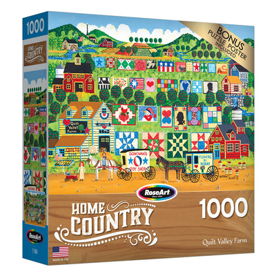A 1000-piece puzzle by RoseArt titled "RoseArt - Home Country - Quilt Valley Farm - 1000 Piece Jigsaw Puzzle" featuring a colorful countryside scene with quilts on display and a bonus puzzle poster included.