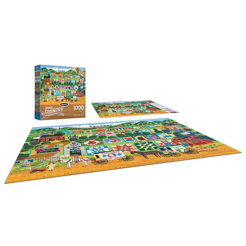 A 1000-piece jigsaw puzzle featuring a colorful countryside village scene with a box displaying the same image. The puzzle is partially assembled with some pieces scattered nearby. 

would be rewritten as:

"A RoseArt - Home Country - Quilt Valley Farm - 1000 Piece Jigsaw Puzzle featuring a colorful countryside village scene with a box displaying the same image. The puzzle is partially assembled with some pieces scattered nearby.