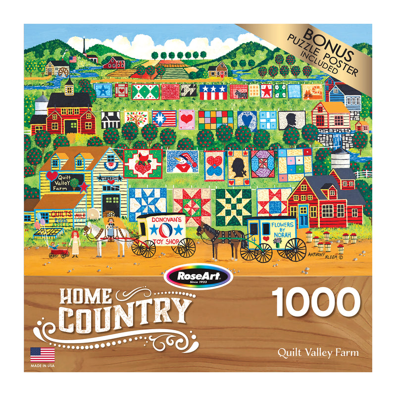 Image of a 1000-piece puzzle box titled "RoseArt - Home Country - Quilt Valley Farm - 1000 Piece Jigsaw Puzzle," featuring a colorful rural scene with a horse-drawn cart, farmhouses, and quilts. Bonus puzzle poster included.