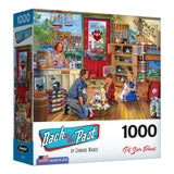 A 1000-piece RoseArt - Back to the Past - Pet Store Friends - 1000 Piece Jigsaw Puzzle features a colorful, nostalgic pet shop scene, including people, pets, and pet supplies. The box denotes the inclusion of a bonus poster.