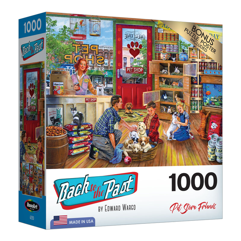 A 1000-piece RoseArt - Back to the Past - Pet Store Friends - 1000 Piece Jigsaw Puzzle features a colorful, nostalgic pet shop scene, including people, pets, and pet supplies. The box denotes the inclusion of a bonus poster.