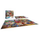 A RoseArt - Back to the Past - Pet Store Friends - 1000 Piece Jigsaw Puzzle depicting a colorful, nostalgic store scene. The image shows the completed puzzle, box art, and separated pieces.