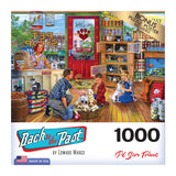 A 1000-piece puzzle titled "RoseArt - Back to the Past - Pet Store Friends - 1000 Piece Jigsaw Puzzle" featuring a colorful, nostalgic pet store scene with people and various animals. Box includes a bonus puzzle poster and is labeled "Made in USA.