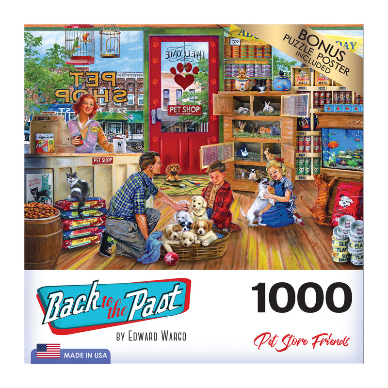 A 1000-piece puzzle titled "RoseArt - Back to the Past - Pet Store Friends - 1000 Piece Jigsaw Puzzle" featuring a colorful, nostalgic pet store scene with people and various animals. Box includes a bonus puzzle poster and is labeled "Made in USA.
