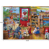 A RoseArt - Back to the Past - Pet Store Friends - 1000 Piece Jigsaw Puzzle depicting a vintage pet shop with people interacting with puppies and a white cat. Shelves hold pet supplies and a sign encourages adoption. The dimensions are 19.25 by 26.625 inches.