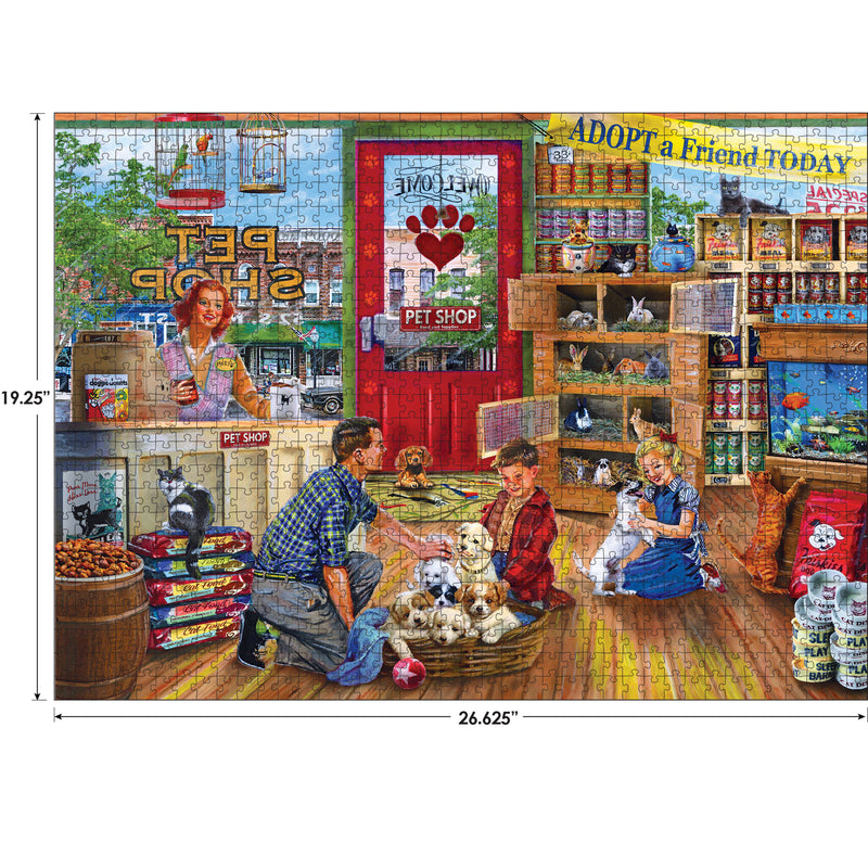 A RoseArt - Back to the Past - Pet Store Friends - 1000 Piece Jigsaw Puzzle depicting a vintage pet shop with people interacting with puppies and a white cat. Shelves hold pet supplies and a sign encourages adoption. The dimensions are 19.25 by 26.625 inches.