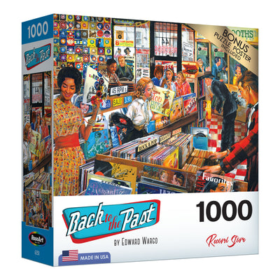 A colorful 1000-piece jigsaw puzzle box titled "RoseArt - Back to the Past - Record Store - 1000 Piece Jigsaw Puzzle" by Edward Wargo, featuring a record store scene. Includes a bonus puzzle poster. Made in the USA.