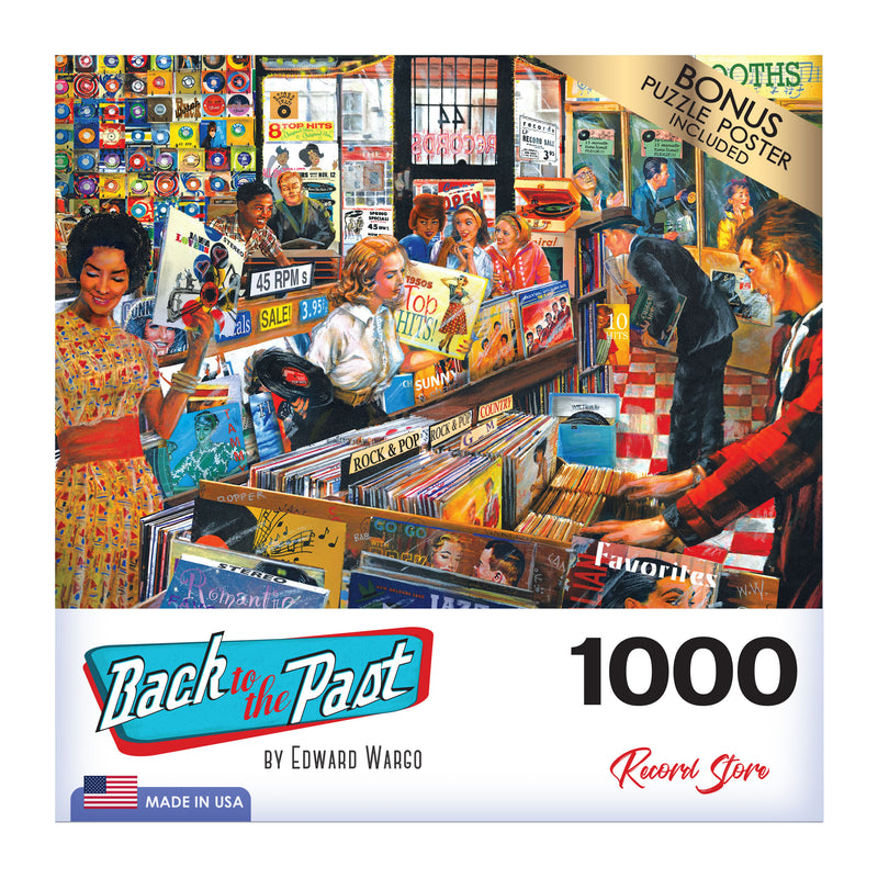 A 1000-piece puzzle titled "RoseArt - Back to the Past - Record Store - 1000 Piece Jigsaw Puzzle" by Edward Wargo. The image depicts a vibrant vintage record store with people browsing vinyl records. Bonus puzzle poster included. Made in USA.