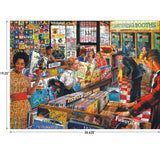 A busy record store featuring people browsing vinyl records, with listening booths in the background. The store is colorful and filled with various music genres on display, just like the RoseArt - Back to the Past - Record Store - 1000 Piece Jigsaw Puzzle.